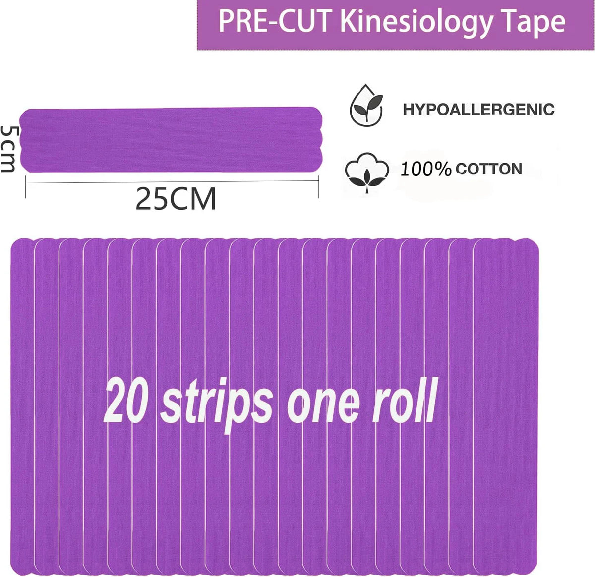 Roll of purple pre-cut kinesiology tape with 20 strips, hypoallergenic and made of 100% cotton.