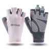 A pair of fingerless cycling and fitness gloves in pink and gray are displayed against a white background.