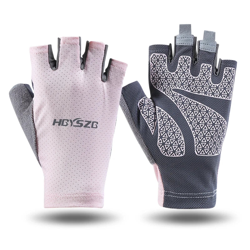 A pair of fingerless cycling and fitness gloves in pink and gray are displayed against a white background.