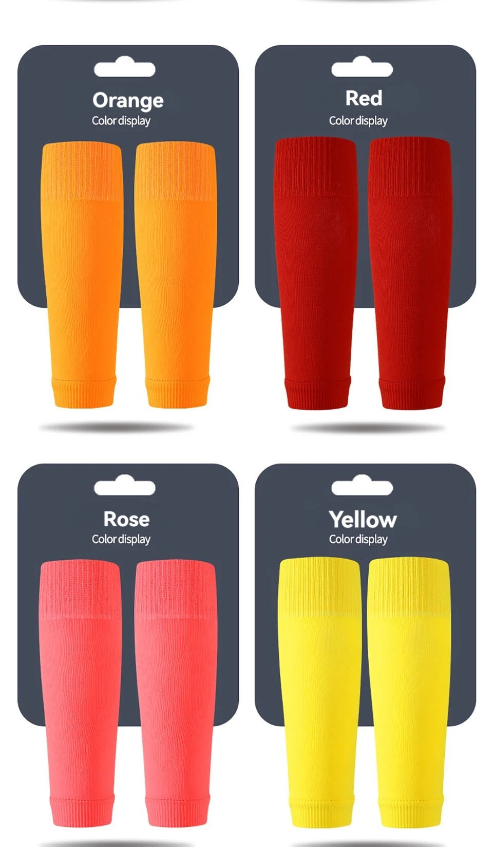 A set of four compression sleeves in orange, red, rose, and yellow colors displayed against a dark background.