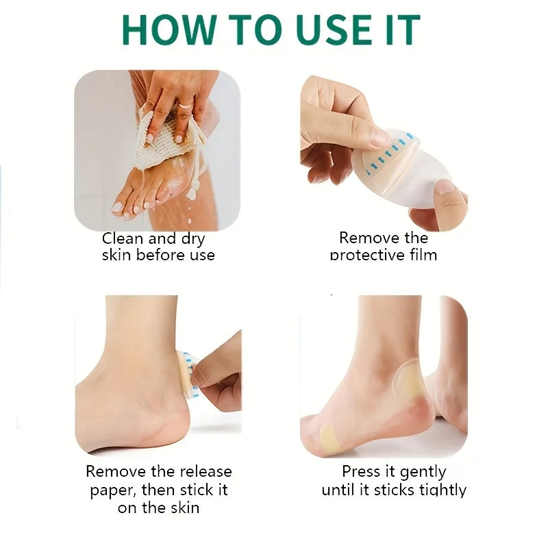 Instructions showing how to clean, remove the film, and apply invisible silicone blister patches for foot protection