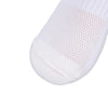 Close-up view of a white men's athletic soccer sock with a non-slip grip texture.