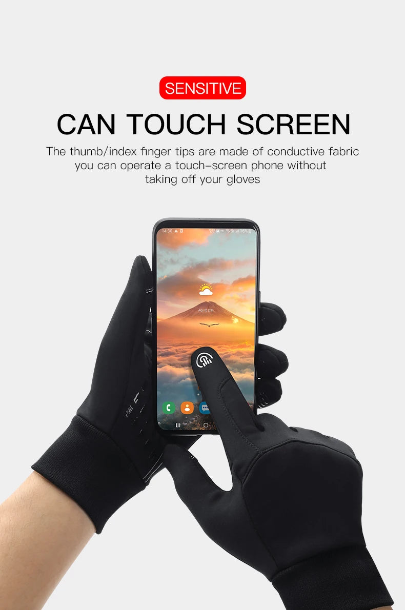 A hand wearing black sports gloves is touching a smartphone screen with the thumb and index finger.