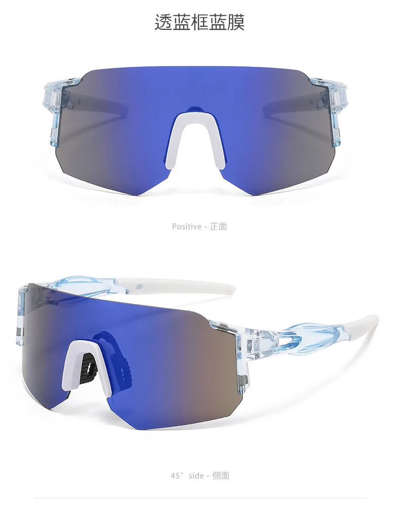 A pair of blue-tinted, square sunglasses shown from the front and side views.