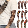 A collection of reusable stretch tattoo arm sleeves in various designs and colors displayed on a person's arm.