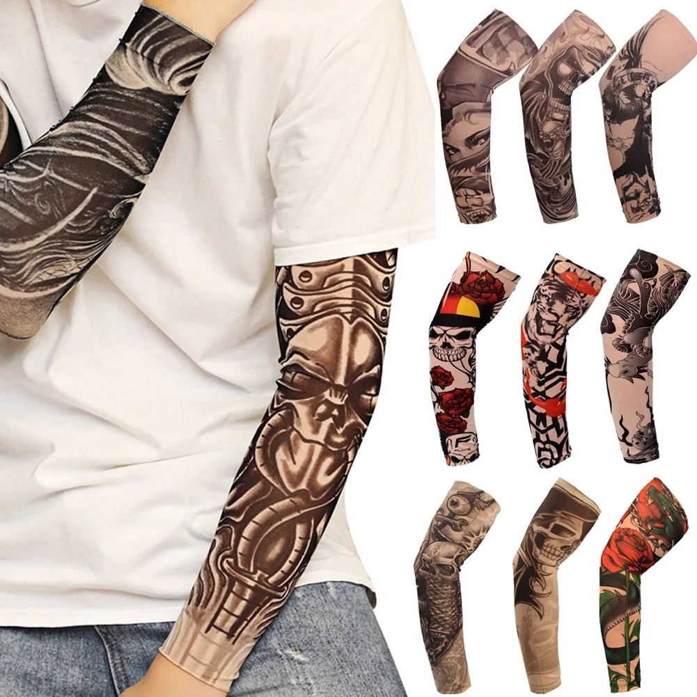 A collection of reusable stretch tattoo arm sleeves in various designs and colors displayed on a person's arm.