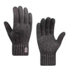 A pair of dark gray knitted winter gloves shown against a white background.