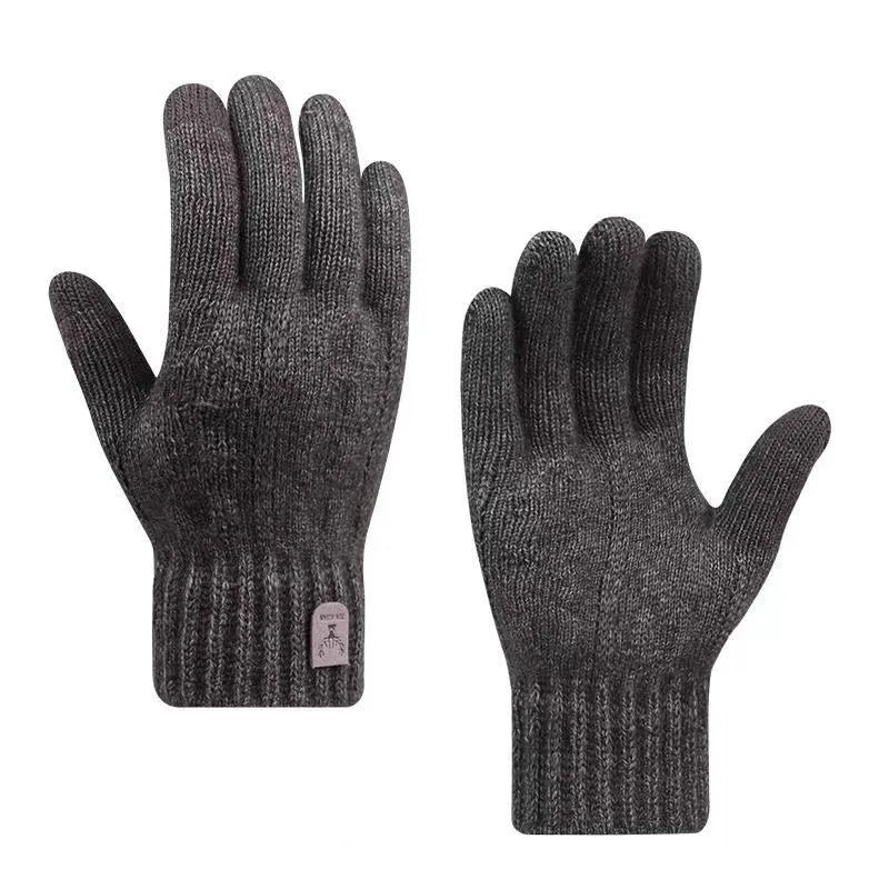 A pair of dark gray knitted winter gloves shown against a white background.
