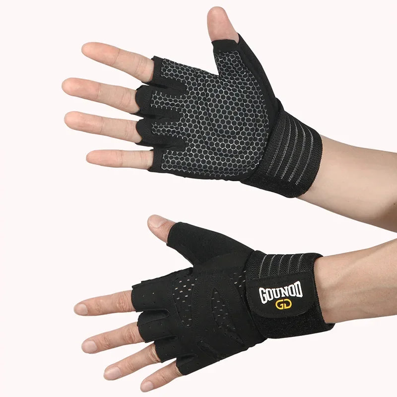 Black anti-slip weightlifting hand protection gloves worn on a hand.