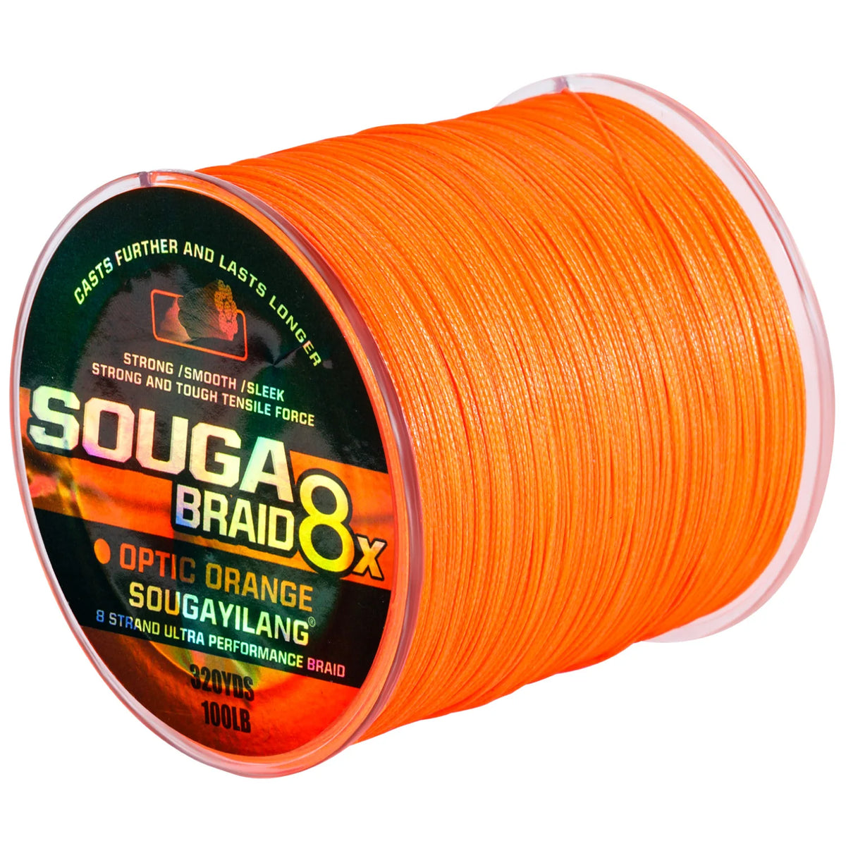 A spool of orange SOUGA BRAID 8X fishing line with a clear plastic cap.