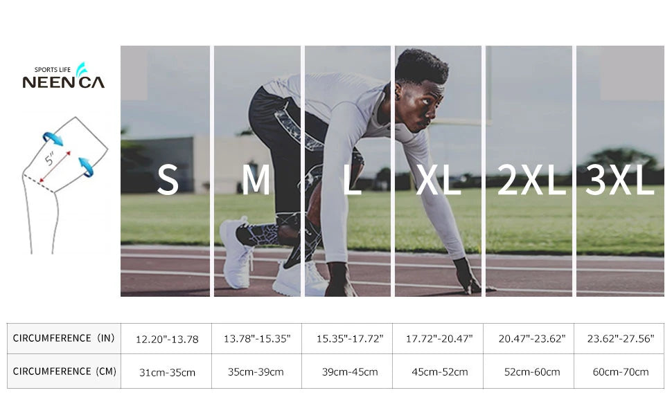 A series of images showing a person wearing an elastic knee brace in various sizes, demonstrating the fit and usage.