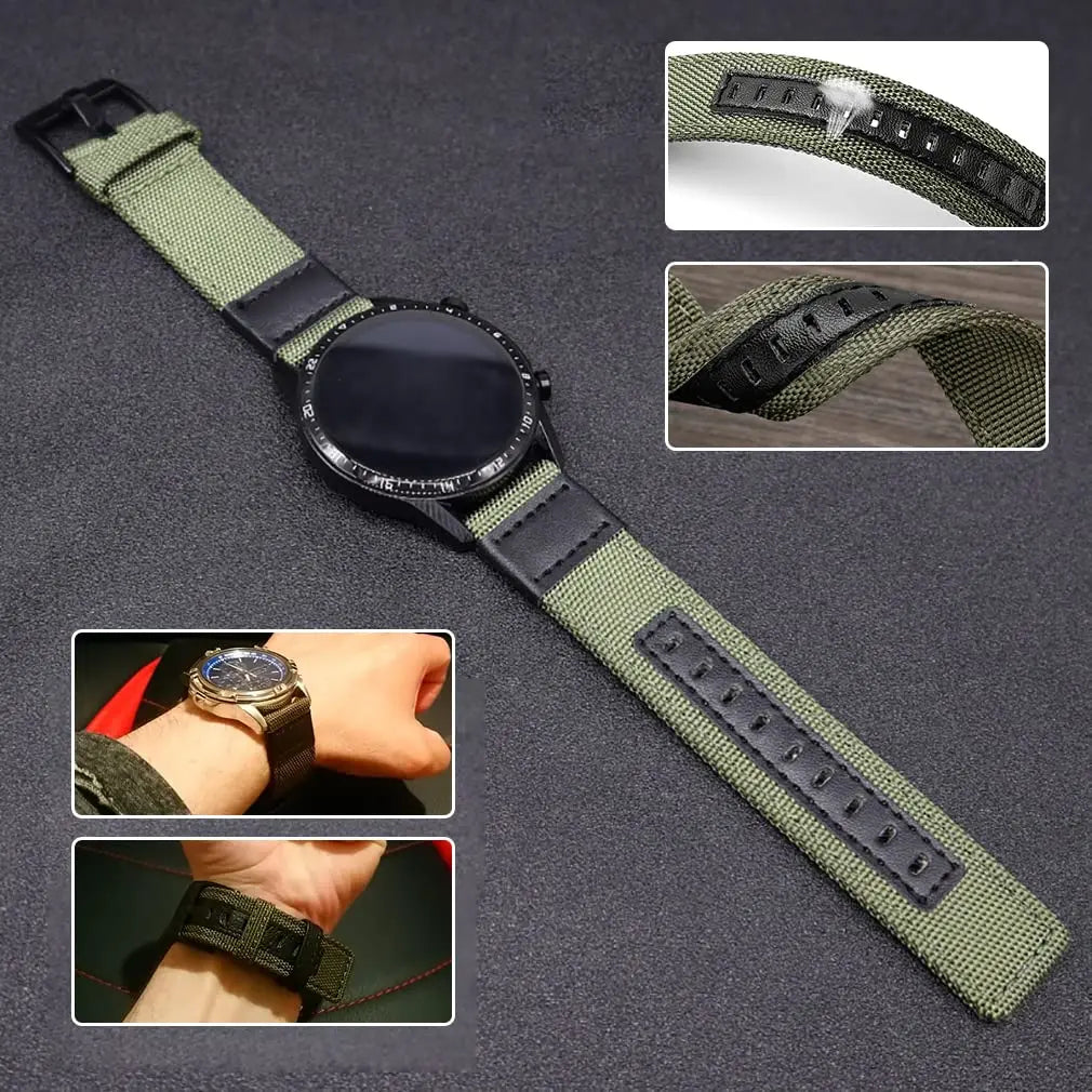 A dark green nylon quick release watch band with a black face and silver watch shown in various angles.