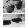 A pair of trendy wood grain polarized sunglasses shown in two views.