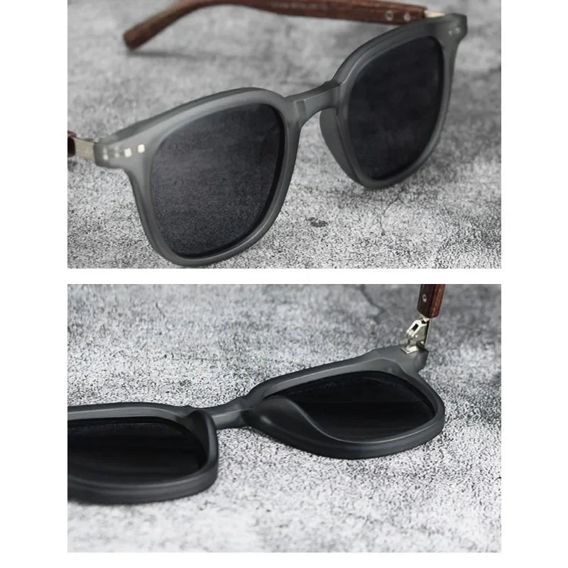 A pair of trendy wood grain polarized sunglasses shown in two views.