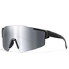 Silver polarized cycling sunglasses with black frames shown in a profile view.