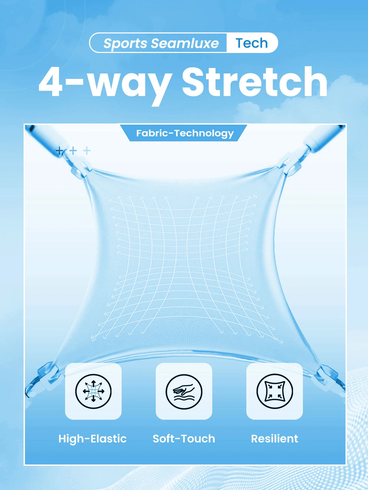 A close-up view of a clear, stretchy fabric demonstrating four ways to stretch: high-elasticity, soft-touch, and resilience.