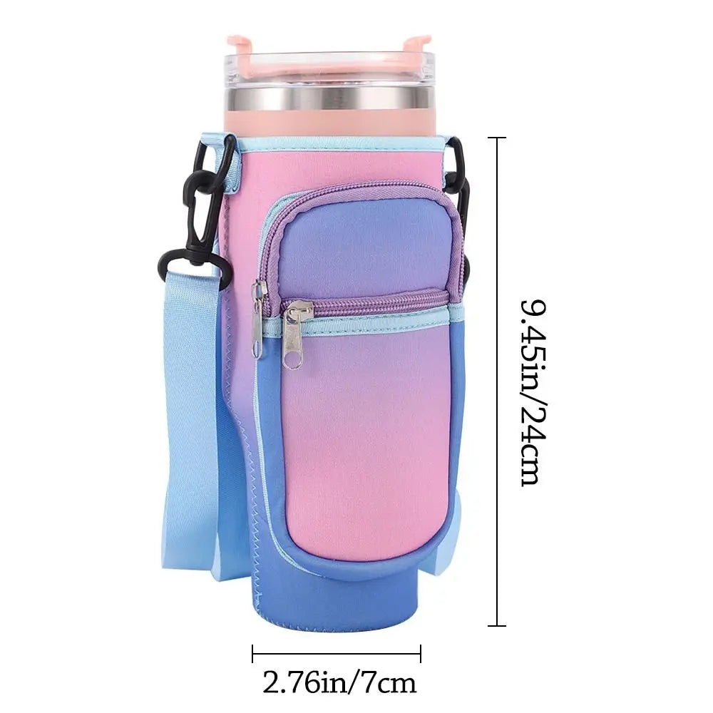 A pink and blue adjustable water bottle carrier pouch with a clear container and strap.