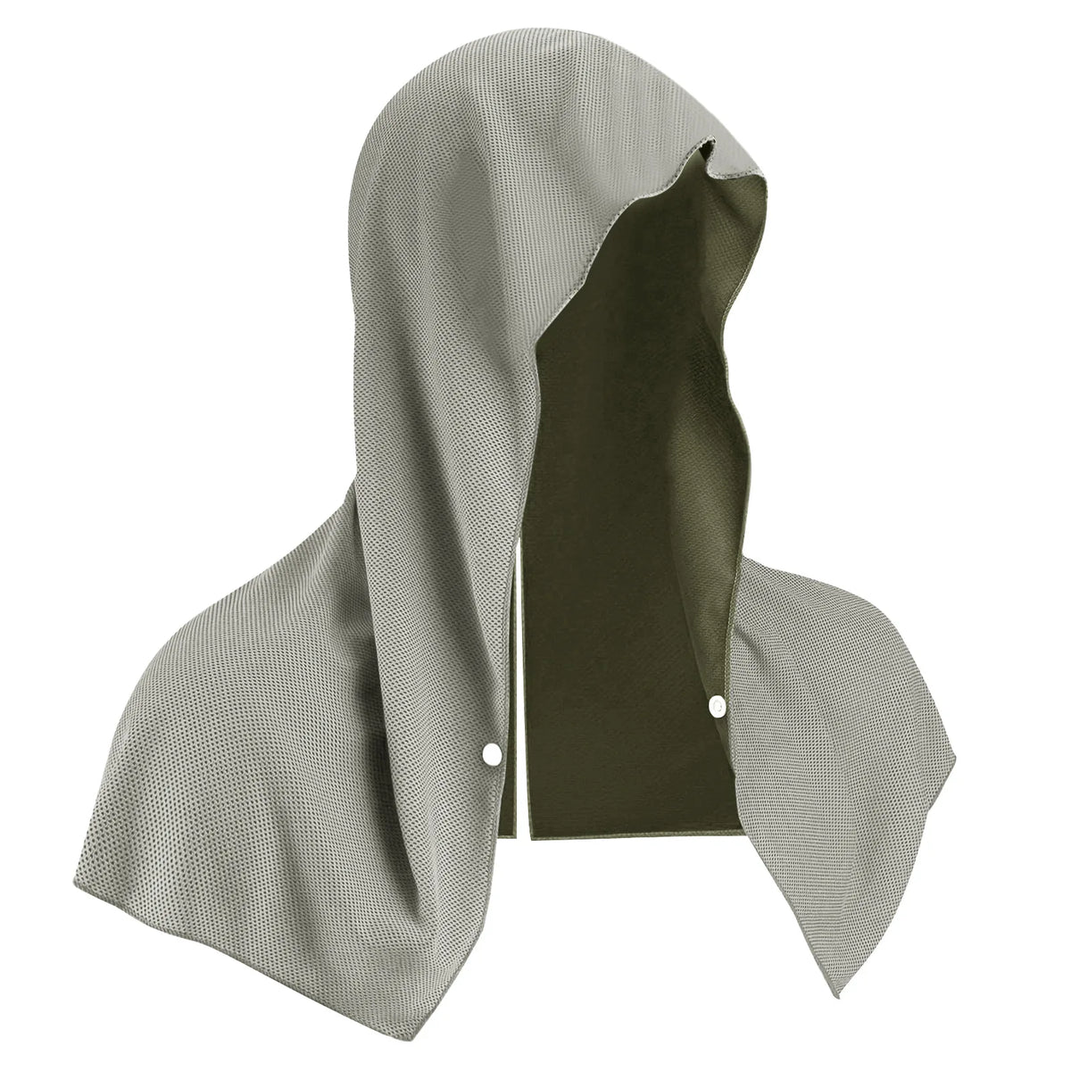 A gray instant cooling neck gaiter is shown folded, displaying its fabric texture and design.