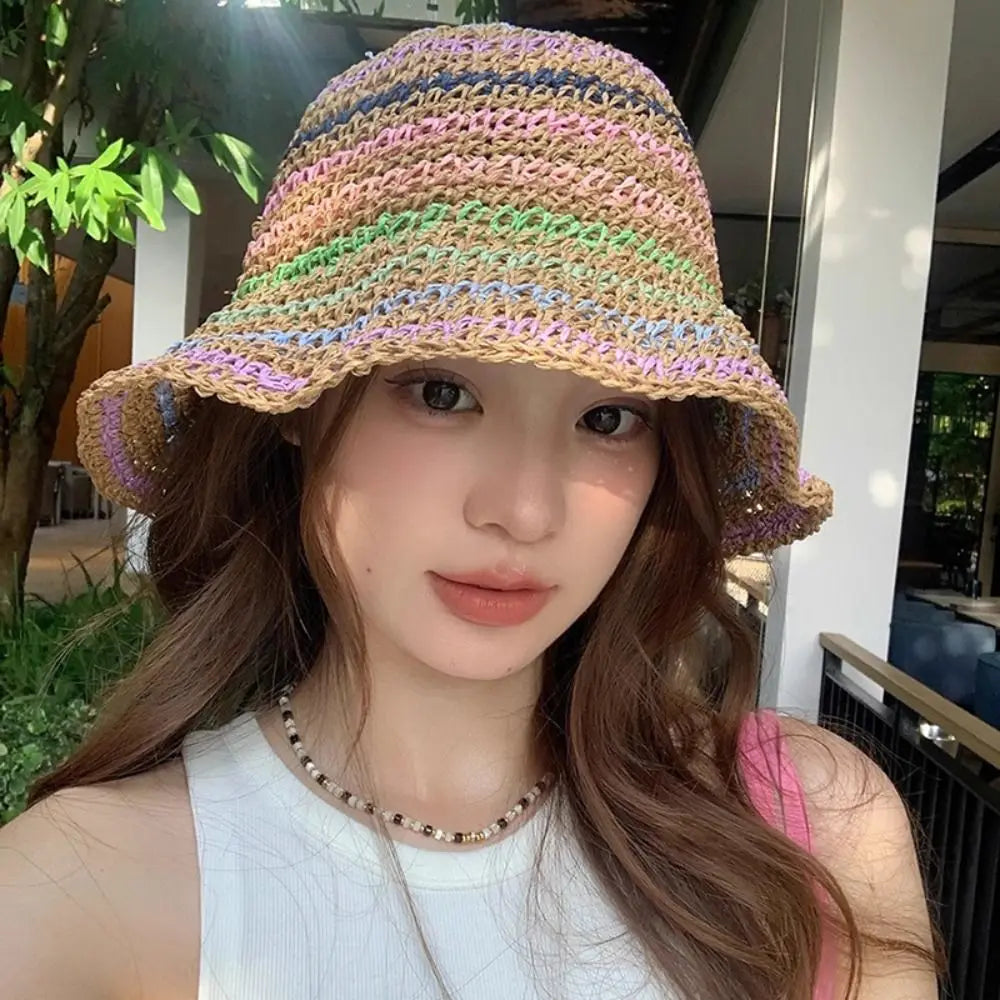 Handwoven Rainbow Stripe Straw Sun Hat with Wide Brim