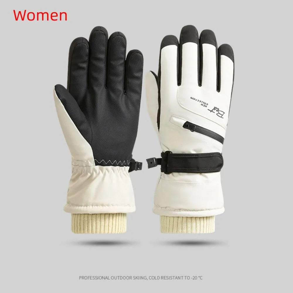 A pair of white and black thermal winter gloves for women shown against a gray background.