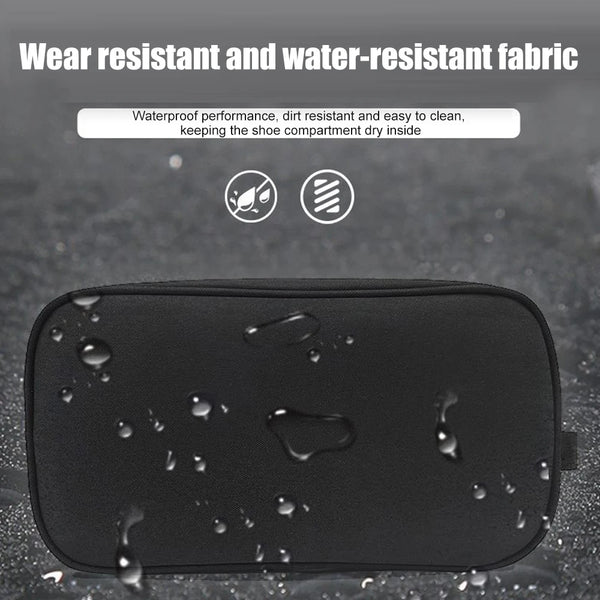Black waterproof sports shoe carrier bag with water droplets on the surface