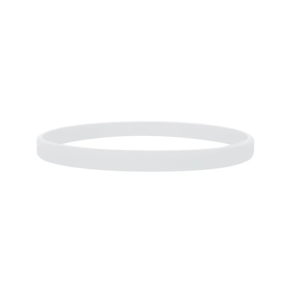 A plain white silicone wristband shown from the top view.