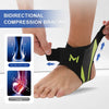 Hand applying a black and neon green bidirectional compression bracing to an ankle for support.