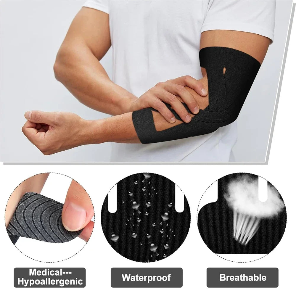Black kinesiology support tape applied to an elbow joint on a person's arm.