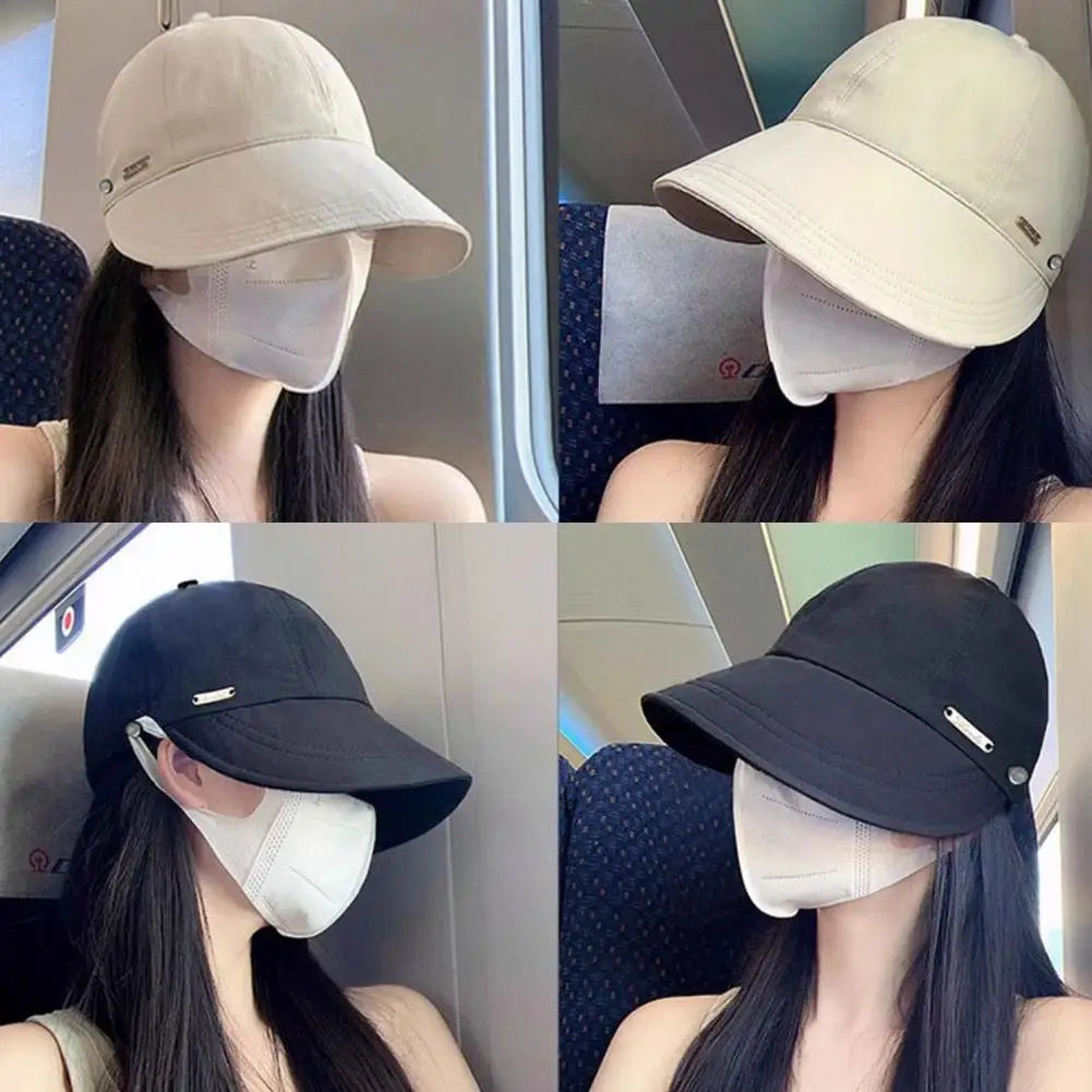 Una mujer lleva una gorra de béisbol ancha beige con protección UV y una mascarilla en una imagen dividida.