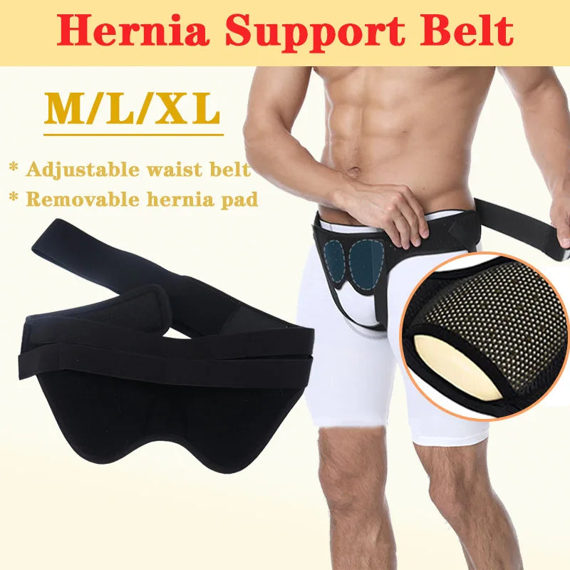 Black hernia support belt worn by a man, showing the adjustable waist belt and removable pad.