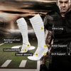 White extra long football socks for men showing various features like reinforced heel, cushioned sole, and arch support.