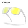 A pair of white-framed sunglasses with yellow lenses shown against a white background.