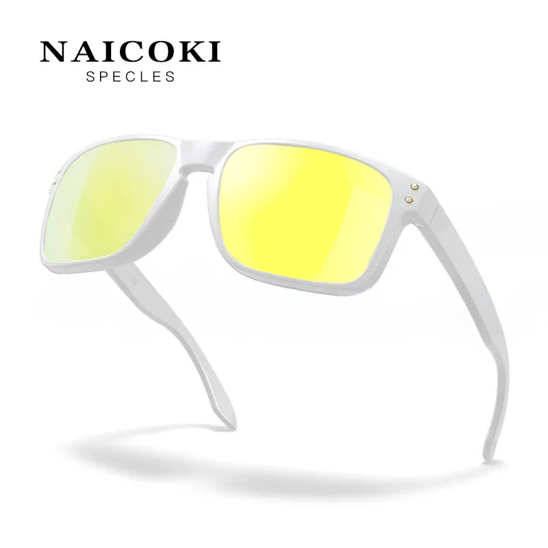 A pair of white-framed sunglasses with yellow lenses shown against a white background.