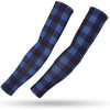Two navy blue and blue plaid sports arm sleeves shown diagonally against a white background.