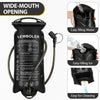 A black reusable water bladder hydration bag with a wide-mouth opening and various filling instructions.