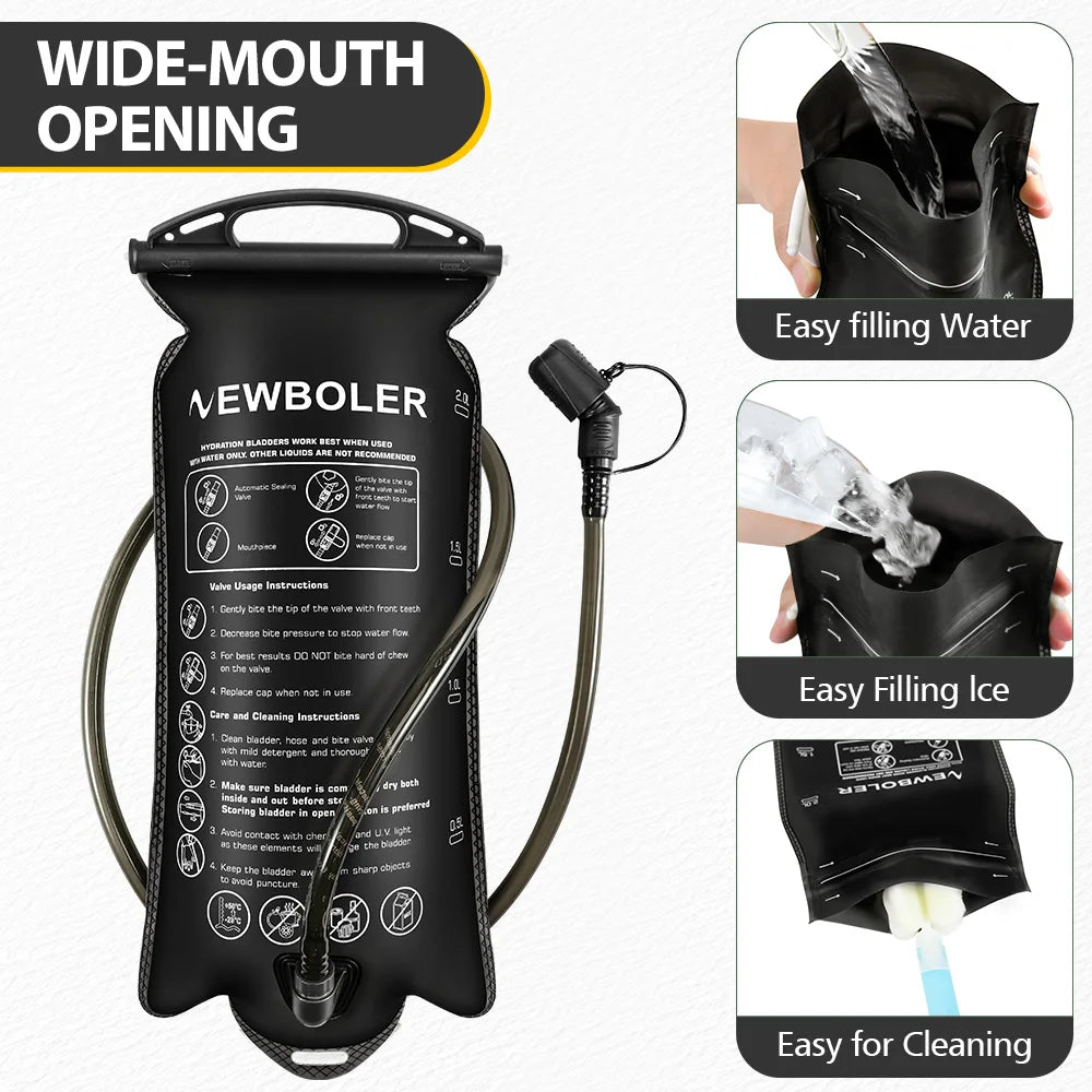 A black reusable water bladder hydration bag with a wide-mouth opening and various filling instructions.