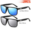 A pair of black sunglasses with blue and silver mirrored lenses shown in two views.