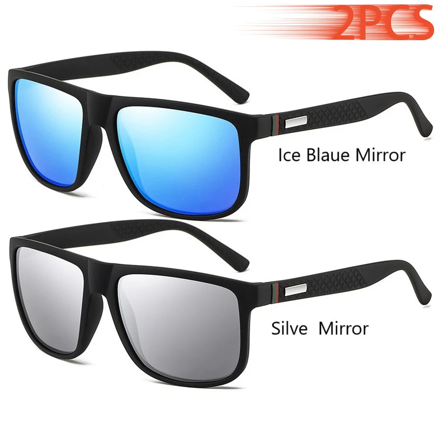 A pair of black sunglasses with blue and silver mirrored lenses shown in two views.