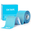 A roll of blue OKtape kinesiology tape is displayed next to its packaging box.