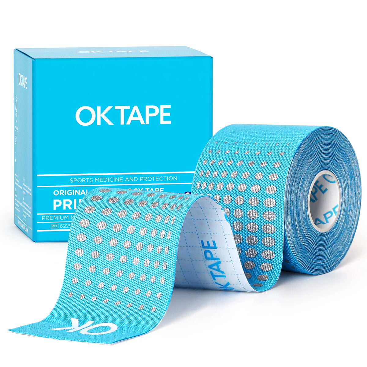 A roll of blue OKtape kinesiology tape is displayed next to its packaging box.