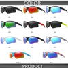 A collection of various colored UV400 polarized sports sunglasses shown in different styles and colors.