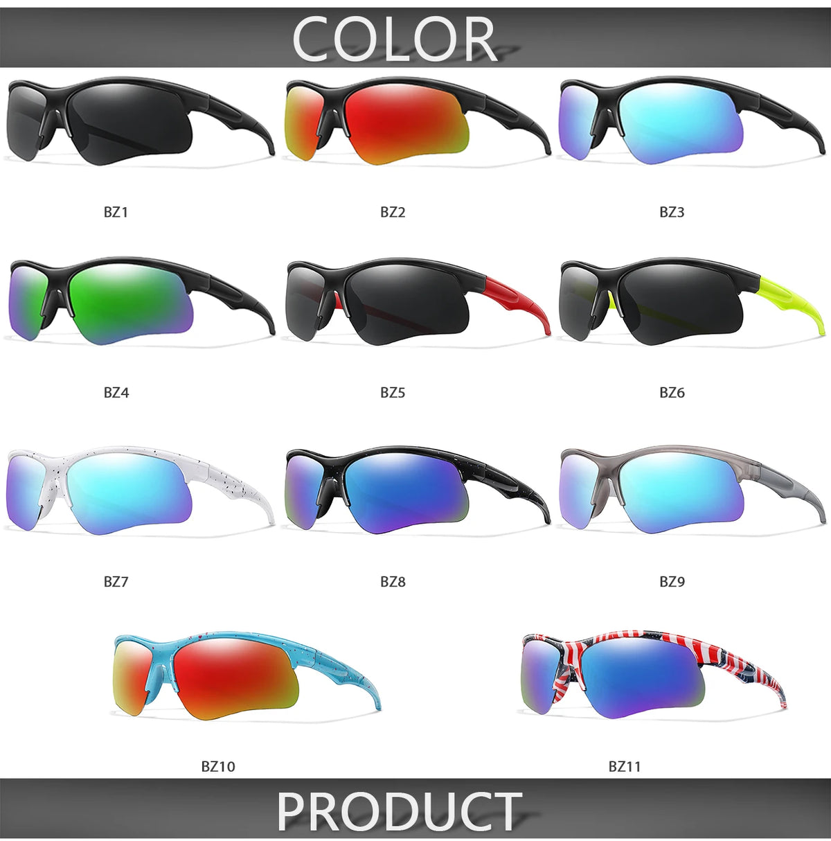 A collection of various colored UV400 polarized sports sunglasses shown in different styles and colors.