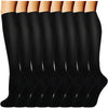 A set of black compression socks for vein support displayed vertically.