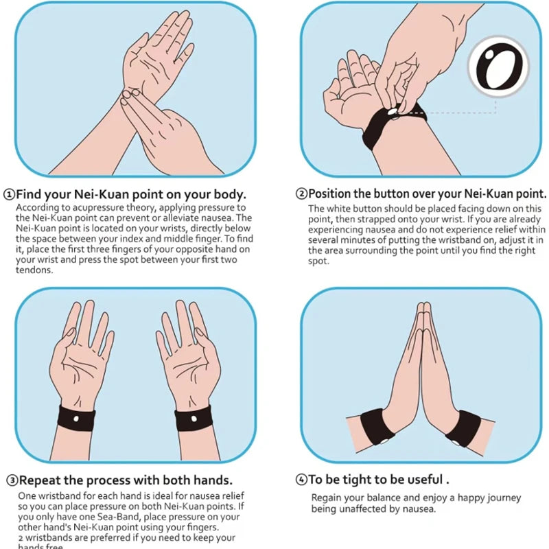 Instrucciones para usar pulseras Anti-Mareo para encontrar y aplicar presión en el punto Nei-Kuan del cuerpo.