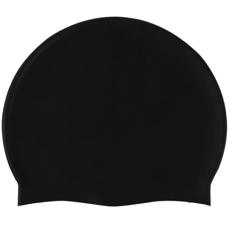 A black waterproof silicone swim cap shown from the top view.