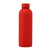 A red insulated stainless steel thermos cup with a black lid.
