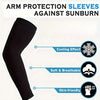 Black arm protection sleeves against sunburn featuring cooling, soft and breathable, and skin-friendly properties.