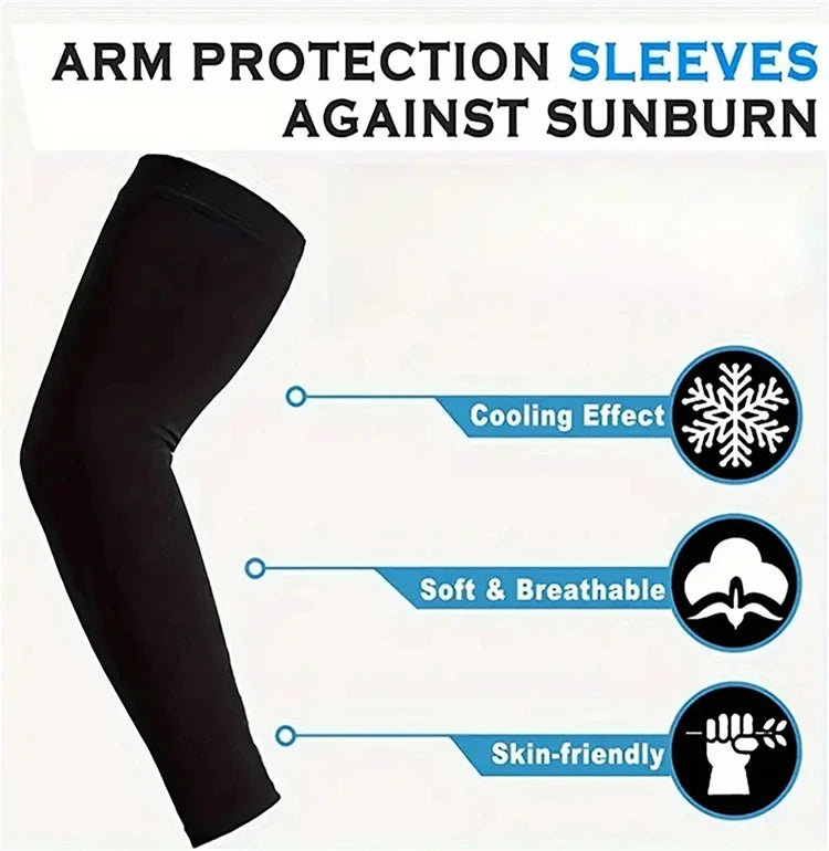 Black arm protection sleeves against sunburn featuring cooling, soft and breathable, and skin-friendly properties.