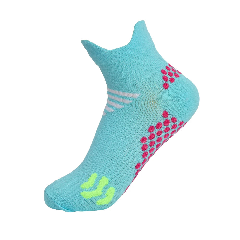 Light blue compression running socks with pink and white accents