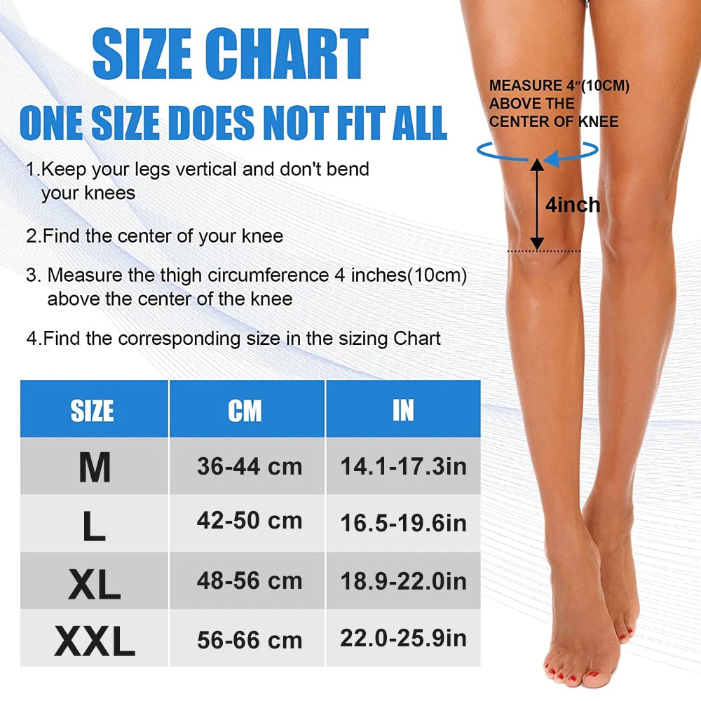Größenleitfaden und Diagramm zur Messung des Oberschenkelumfangs über dem Knie für die Größenbestimmung.